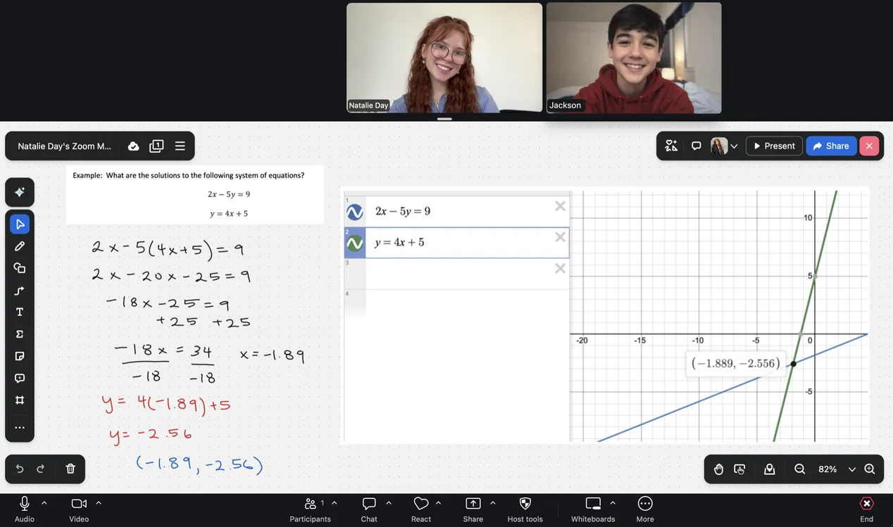 Online SAT/ACT and math tutor Natalie Day helping a student solve a system of equations using Desmos